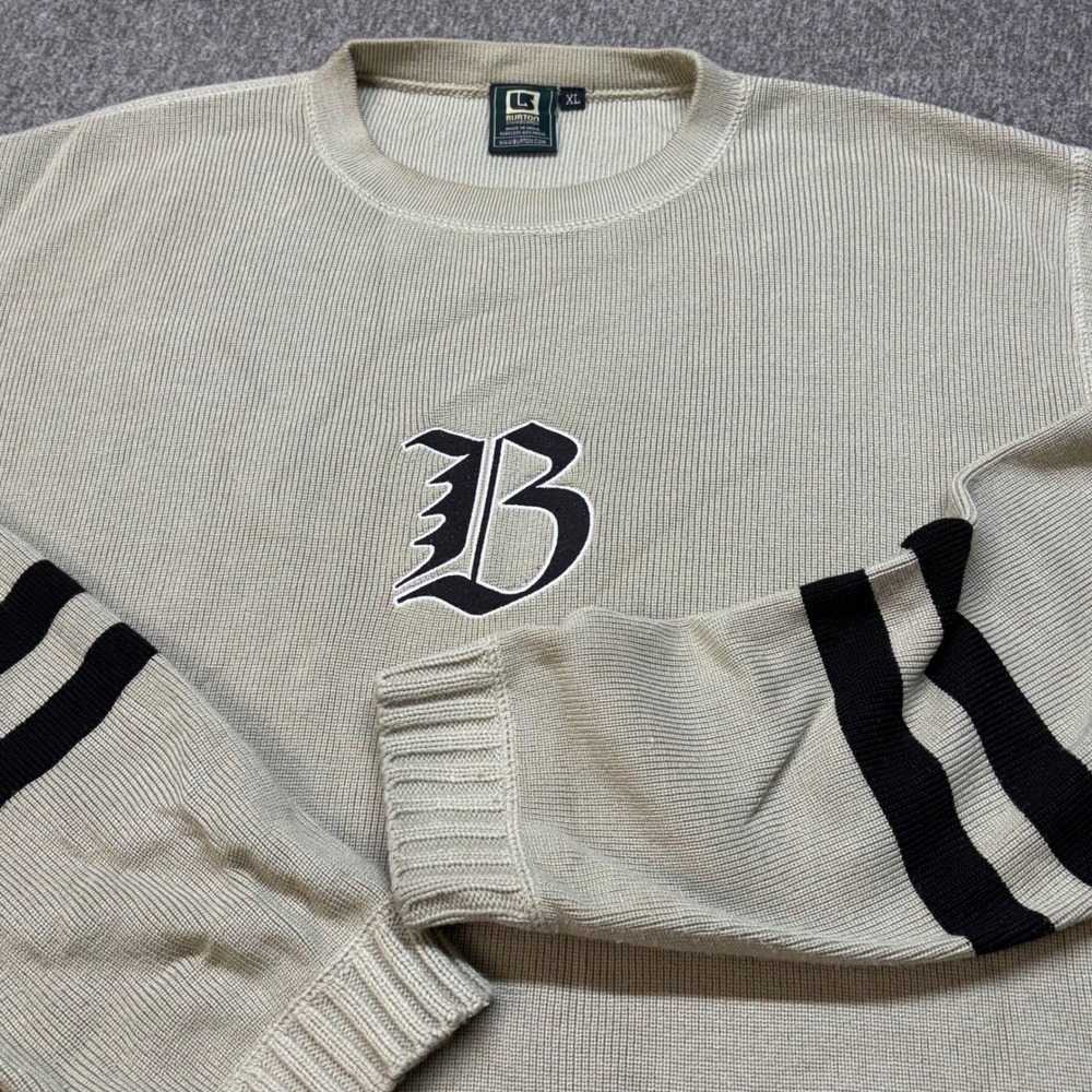 Burton Men's Crewneck Sweater in Light Beige with Black Stripes